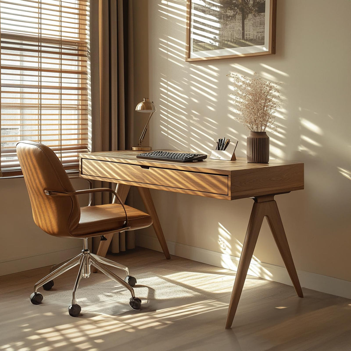 Contemporary Linear Work Desk, Solid Wood Minimalist Computer Writing Table for Home Office, Bedroom Study Desk