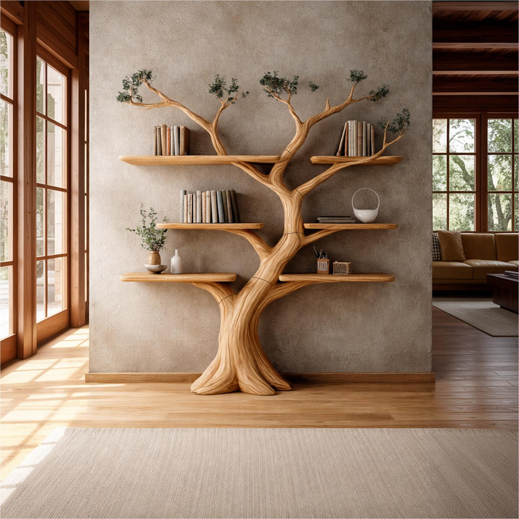 Organic Wood Tree Bookcase, Handcrafted Solid Wood Floating Branch Bookshelf Wall Mounted Display for Living Room