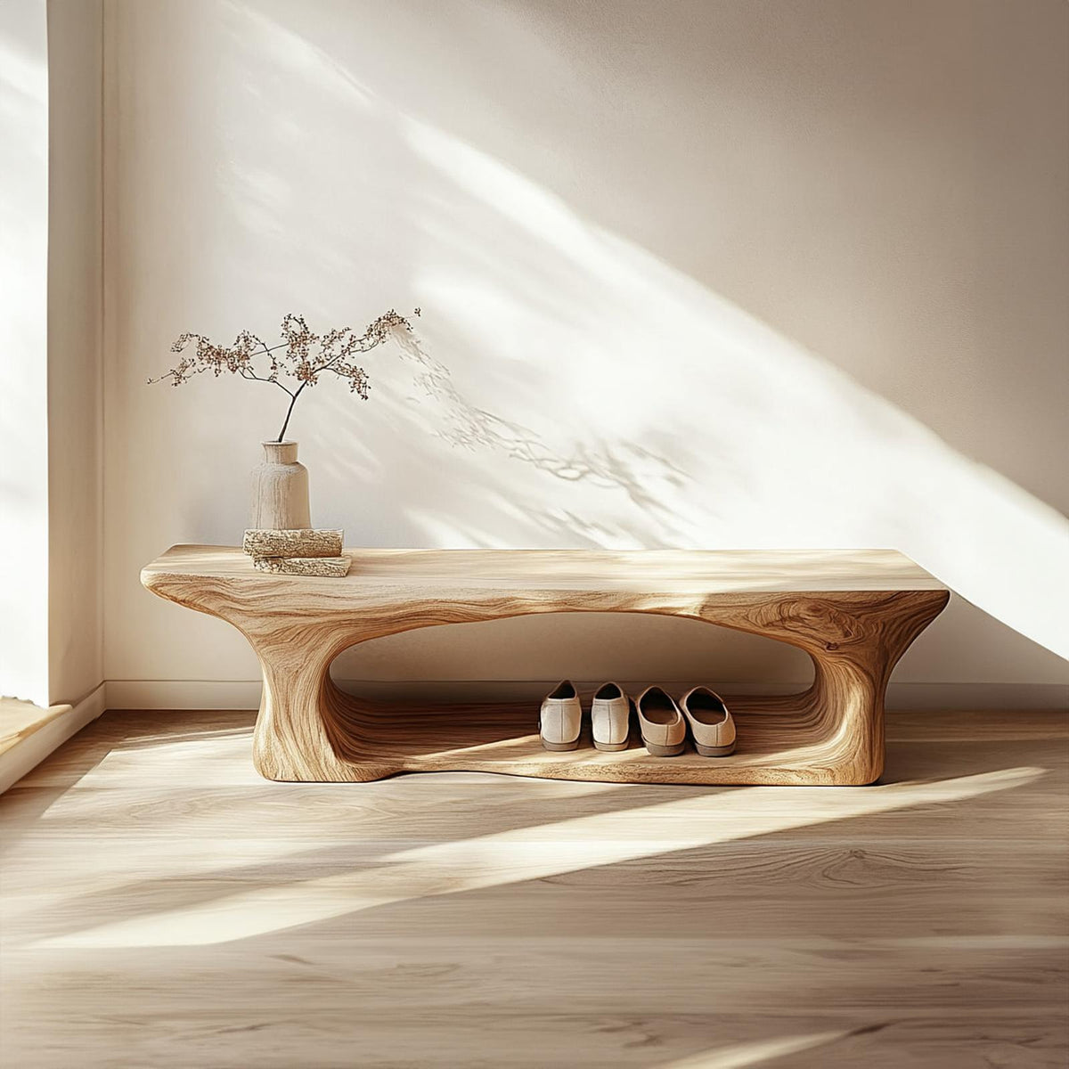 Mid Century Sculptural Wood Shoe Bench Interior