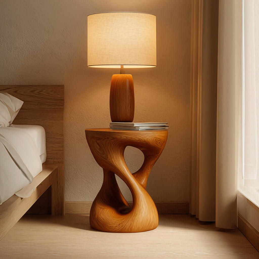 Handcrafted Rustic Wood Sculptural Nightstand, Unique Bedside Table & Decorative End Table for Bedroom Decor