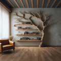 Rustic Wall Mounted Tree Shelf, Solid Wood Floating Bookcase & Artistic Hanging Organizer Unit for Living Room Wall Decor