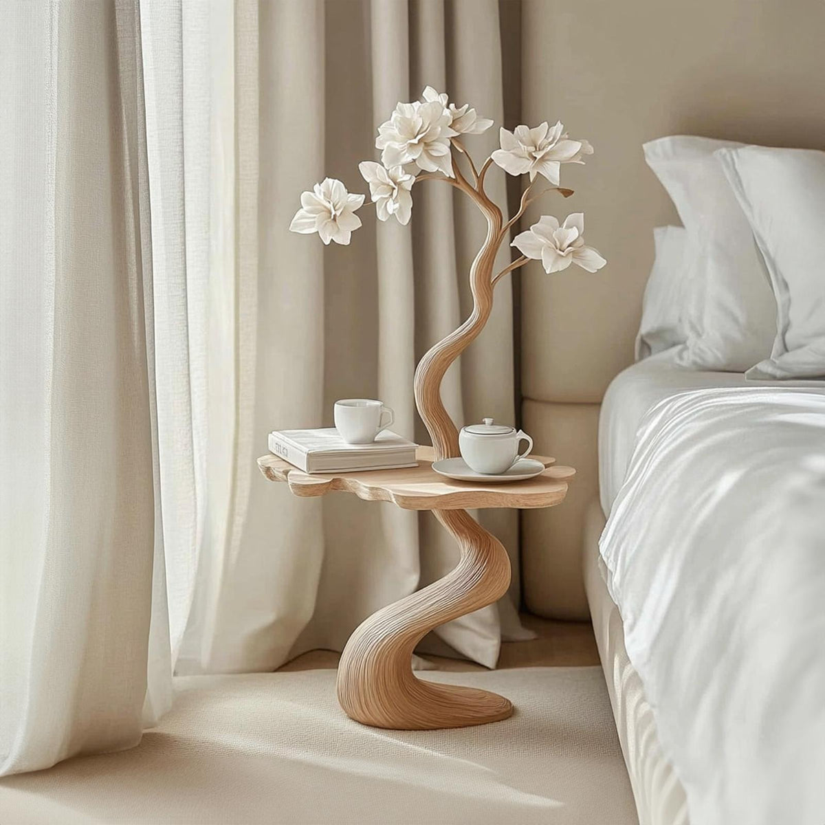 Rustic Tree Shaped Wood Side Table, Handcrafted Natural Log Bedside Nightstand & Accent End Table for Bedroom
