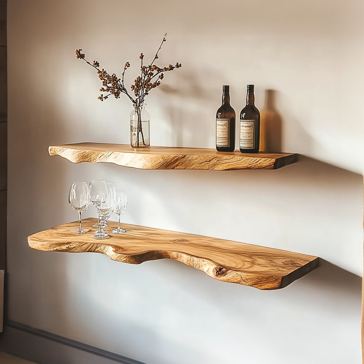 Rustic Solid Wood Floating Shelf with Live Edge Design, Wall Mounted Tableware Display & Kitchen Spice Organizer Ledge