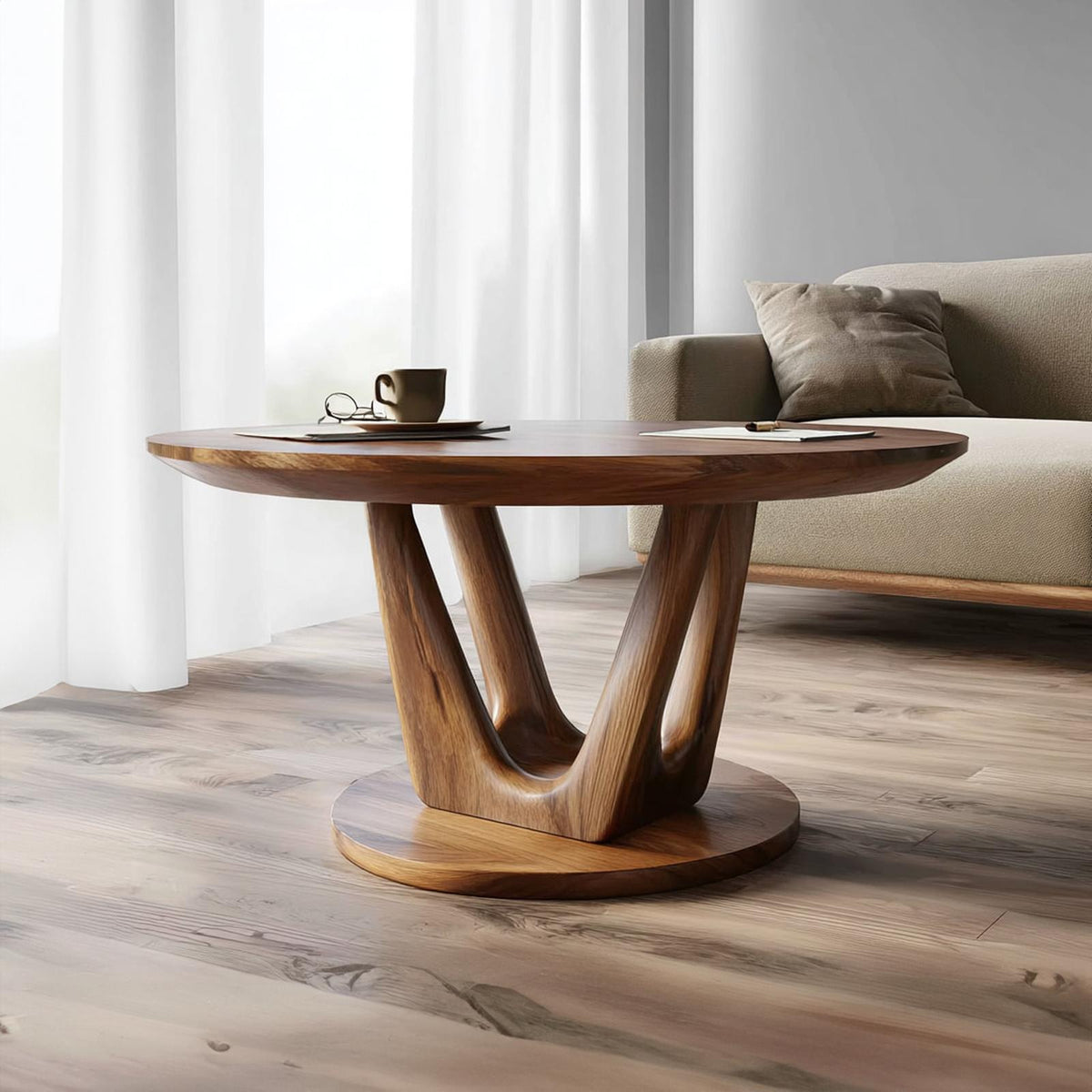 Contemporary Round Coffee Table, Mid-Century Modern Solid Wood Sculptural Centerpiece Table for Living Room, Lounge