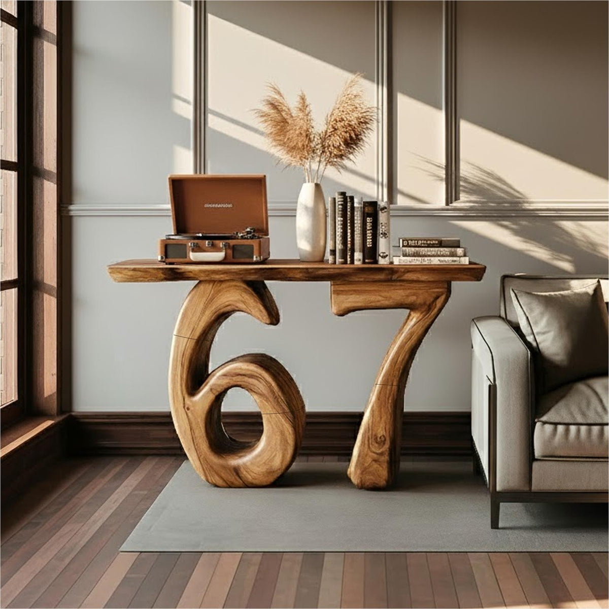 Sculptural Number 67 Wooden Console Table, Modern Abstract Entryway Decor & Living Room Hallway Accent Table