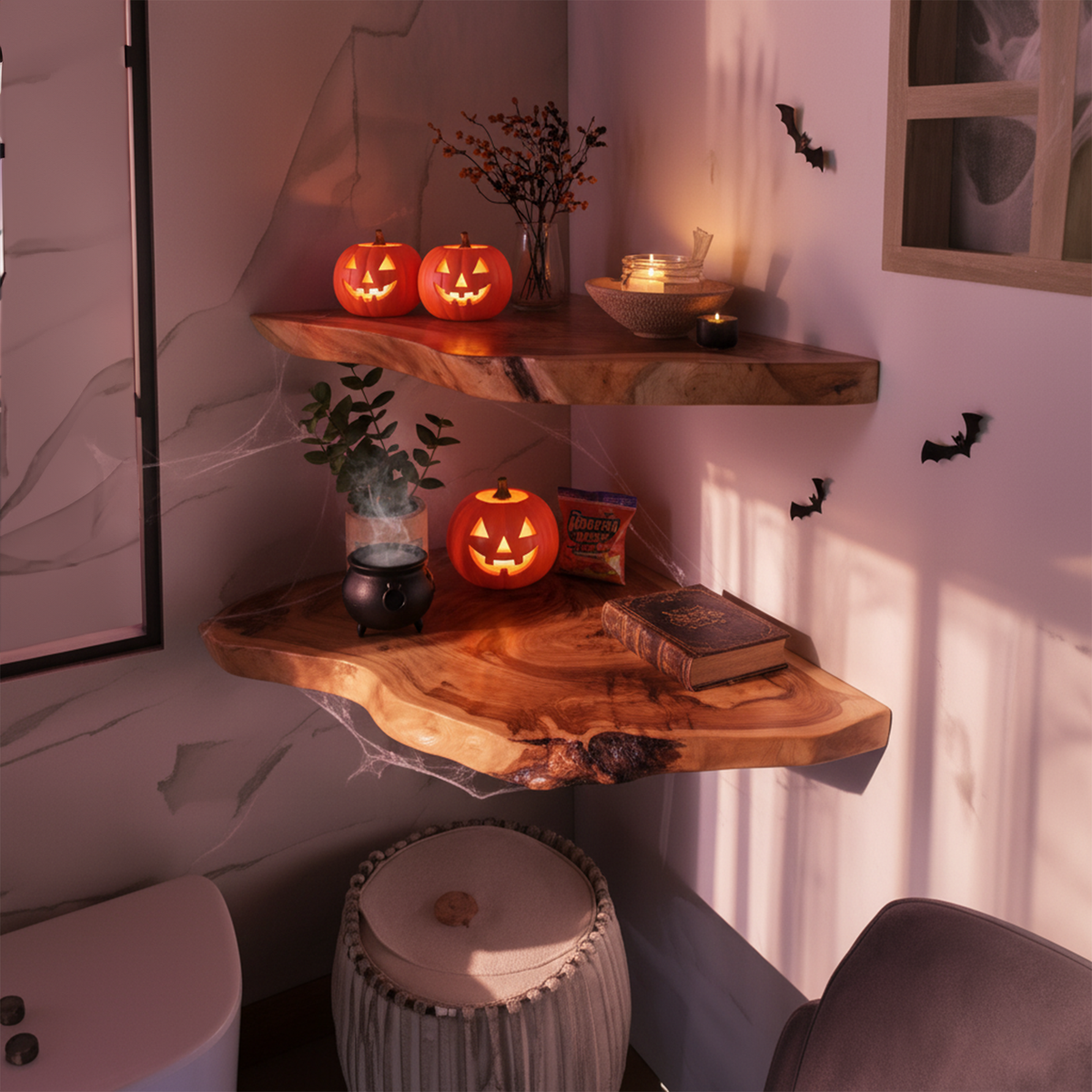 Mid-Century Floating Shelf, Rustic Wooden Tree Branch Wall Mounted Accent Shelf, Spooky Halloween Living Room Decor