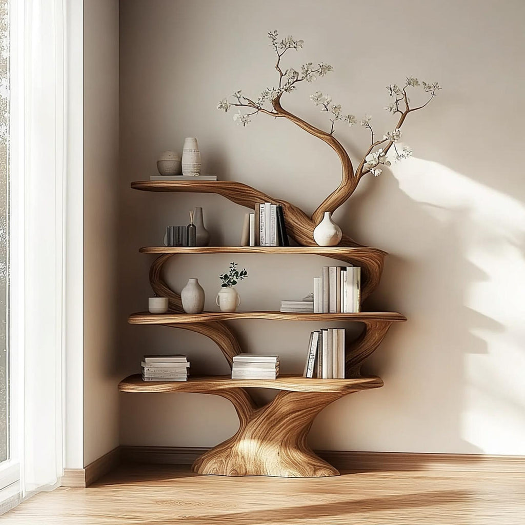 Rustic Unique Tree Shaped Wood Bookshelf, Large Handcrafted Branch Bookcase & Storage Organizer for Living Room
