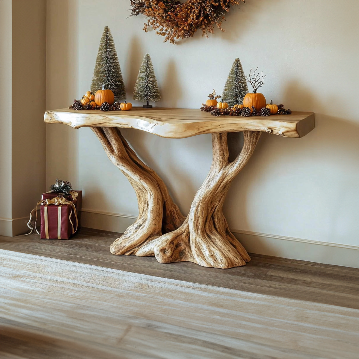 Mid Century Modern Console Table, Handcrafted Solid Wood Tree Root Base, Natural Live Edge Entryway Table