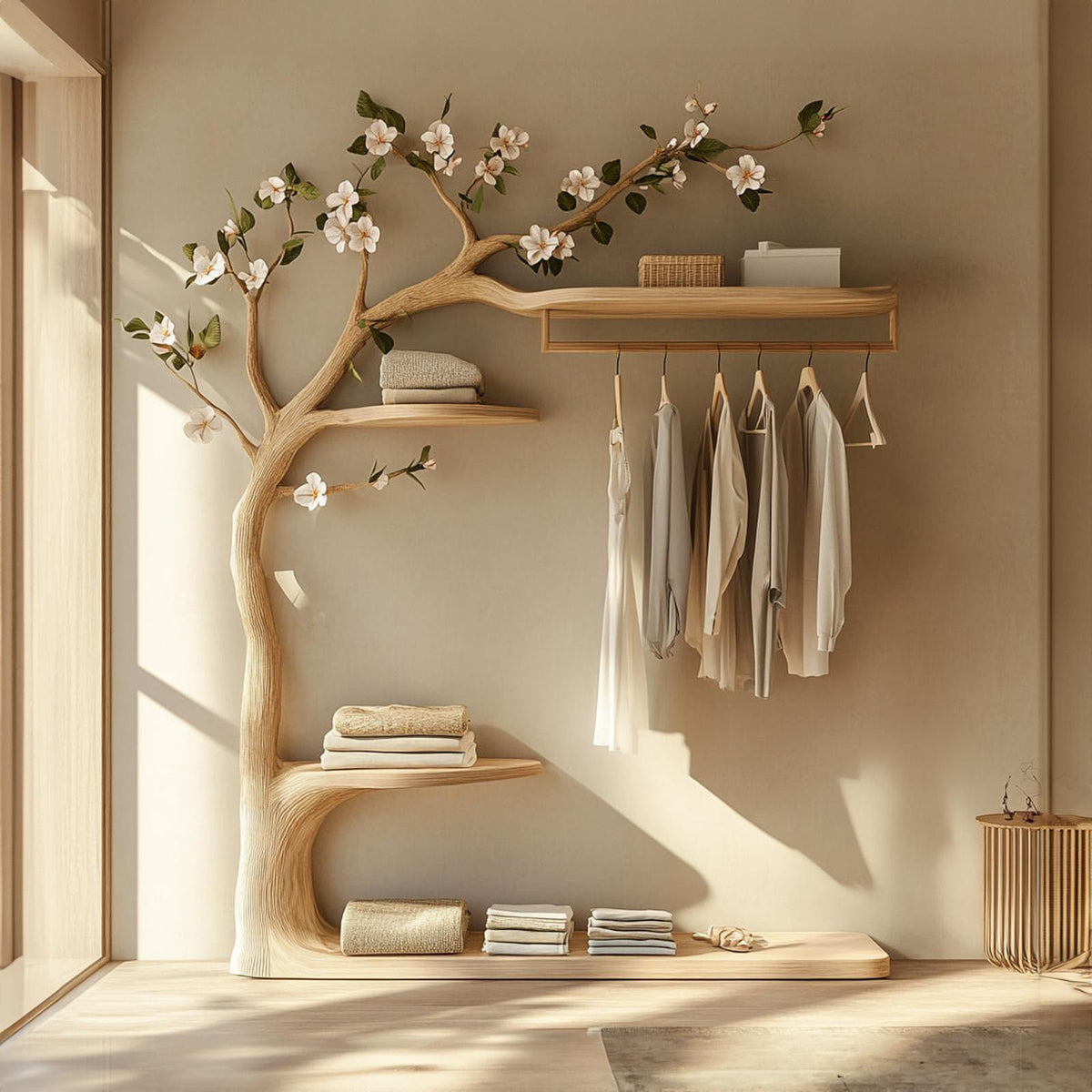 Rustic Tree Clothes Rack Solid Wood Bedroom Organizer