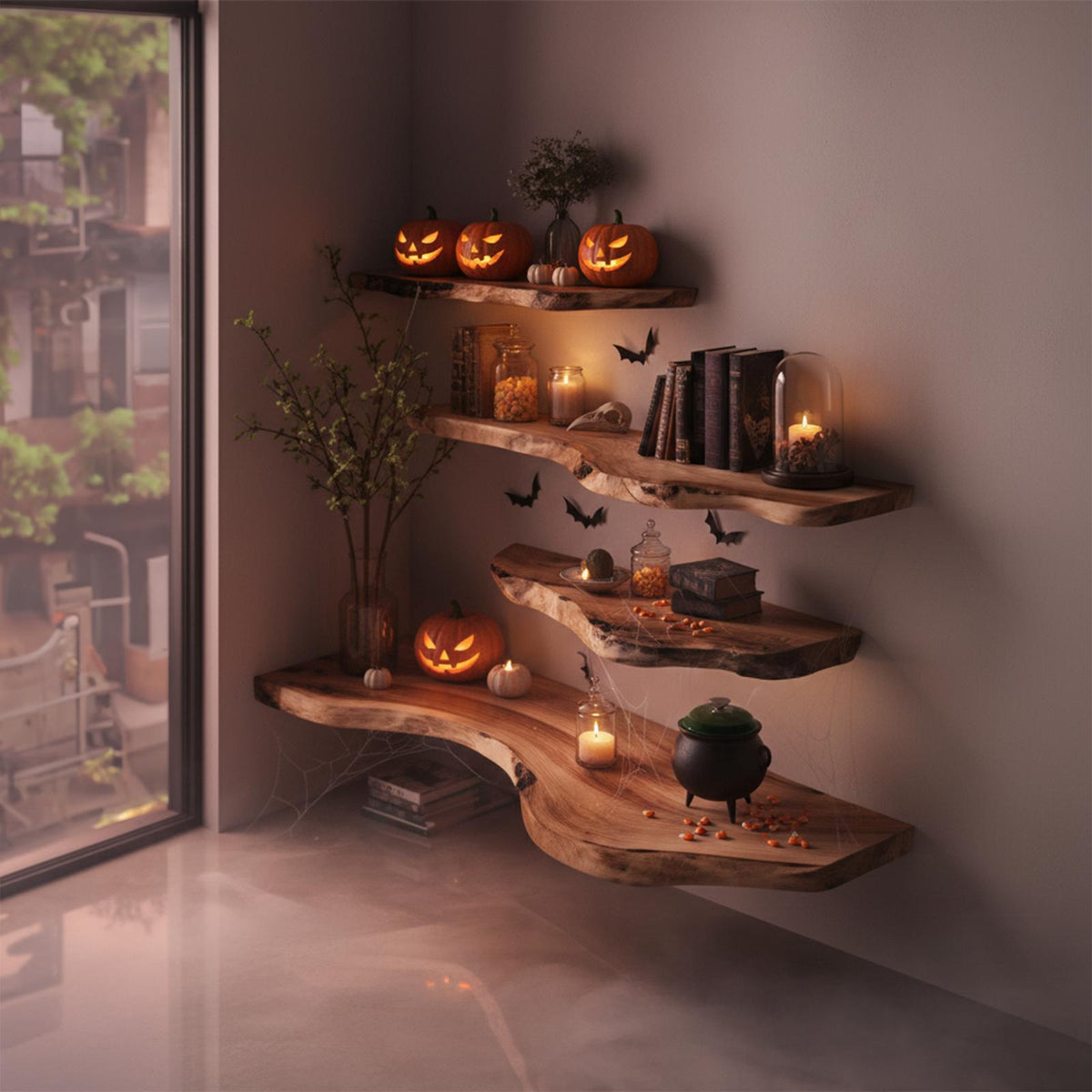 Mid Century Halloween Floating Shelf Natural Wood Wall Decor