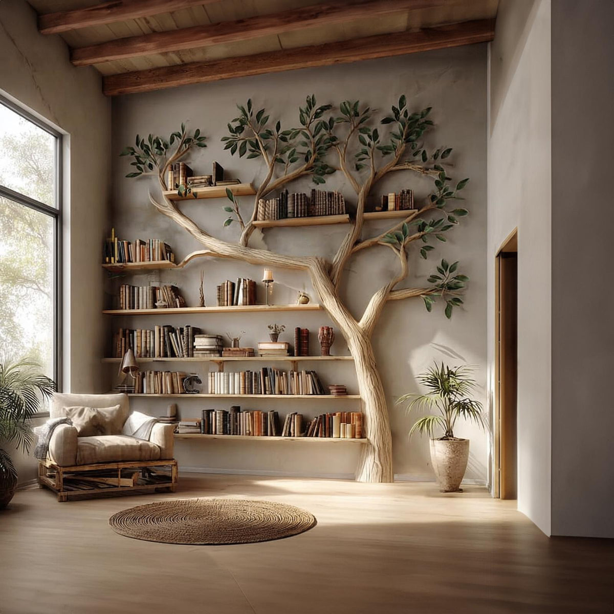 Rustic Tree Bookshelf, Handcrafted Solid Wood Wall Mounted Bookcase & Modern Organizer for Study Room & Living Room Decor