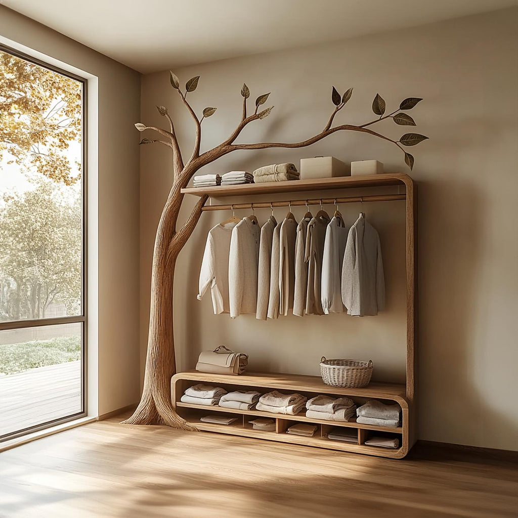 Rustic Solid Wood Tree Clothing Stand Natural Home