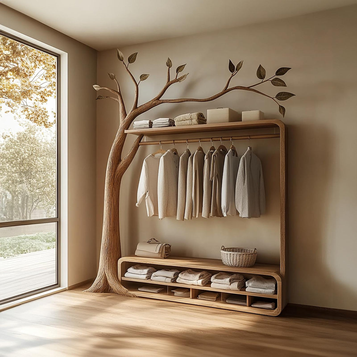 Rustic Solid Wood Tree Clothing Stand Natural Home