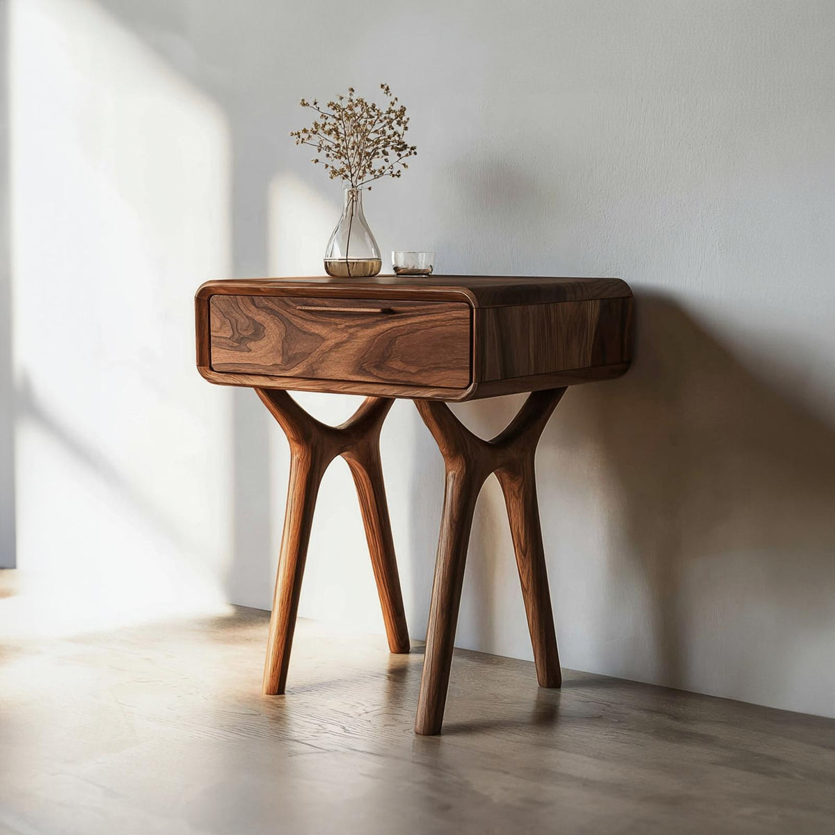 Organic Curved Leg Wood Side Table, Modern Minimalist Bedside End Table for Living Room & Bedroom, Model