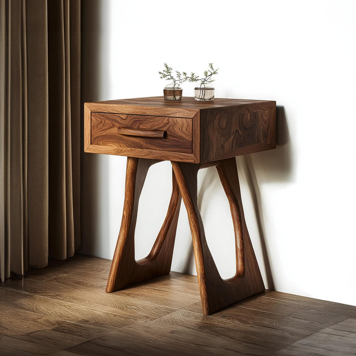 Organic Modern Wood Accent Nightstand, Minimalist Bedside Table with Storage Drawer for Bedroom, Model