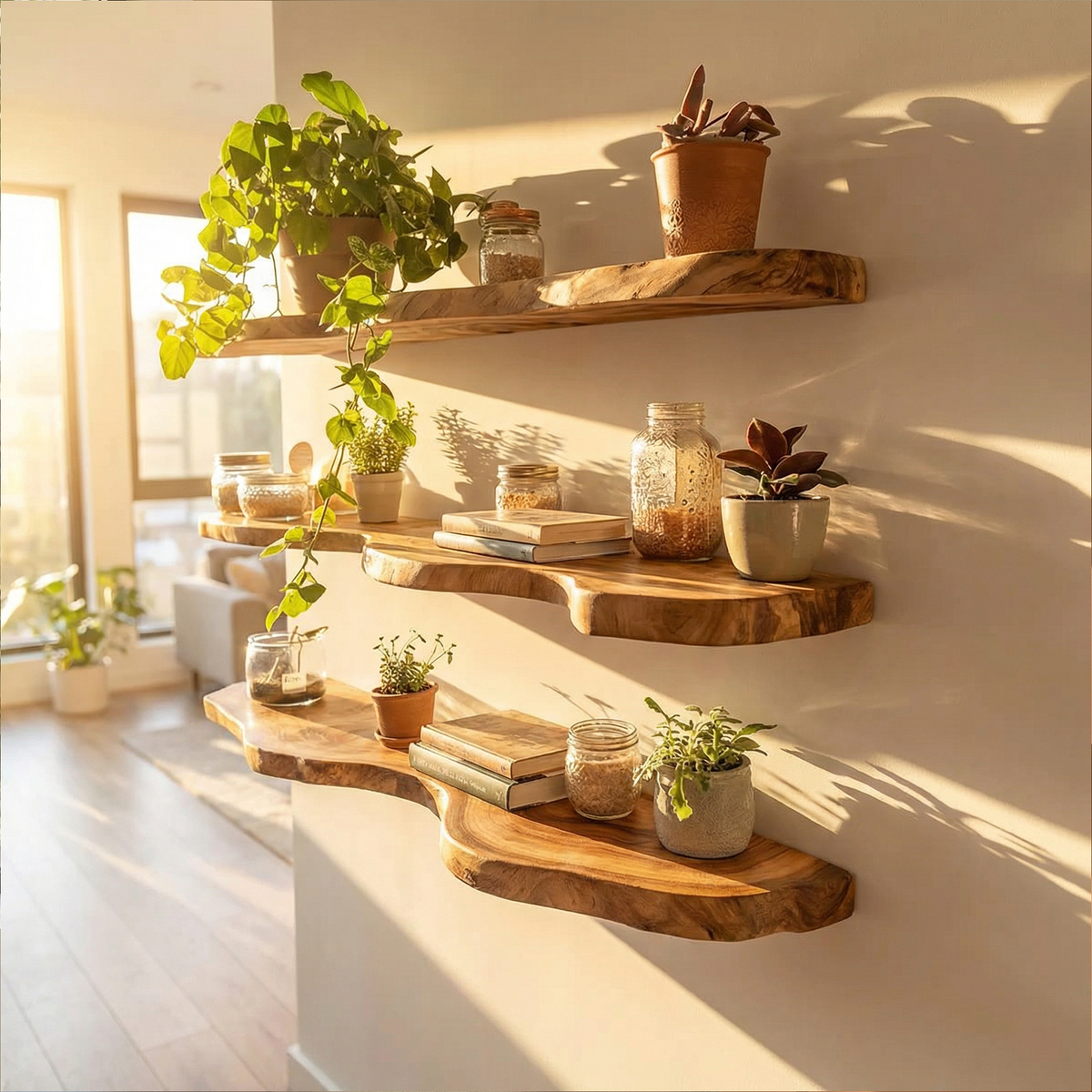 Modern Live Edge Floating Wall Shelves, Solid Wood Slab Display Ledges for Rustic Kitchen, Living Room & Bathroom
