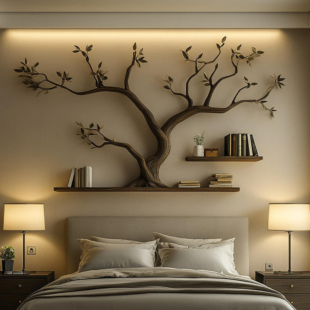 Mid Century Organic Tree Bookshelf Headboard Bedroom Design