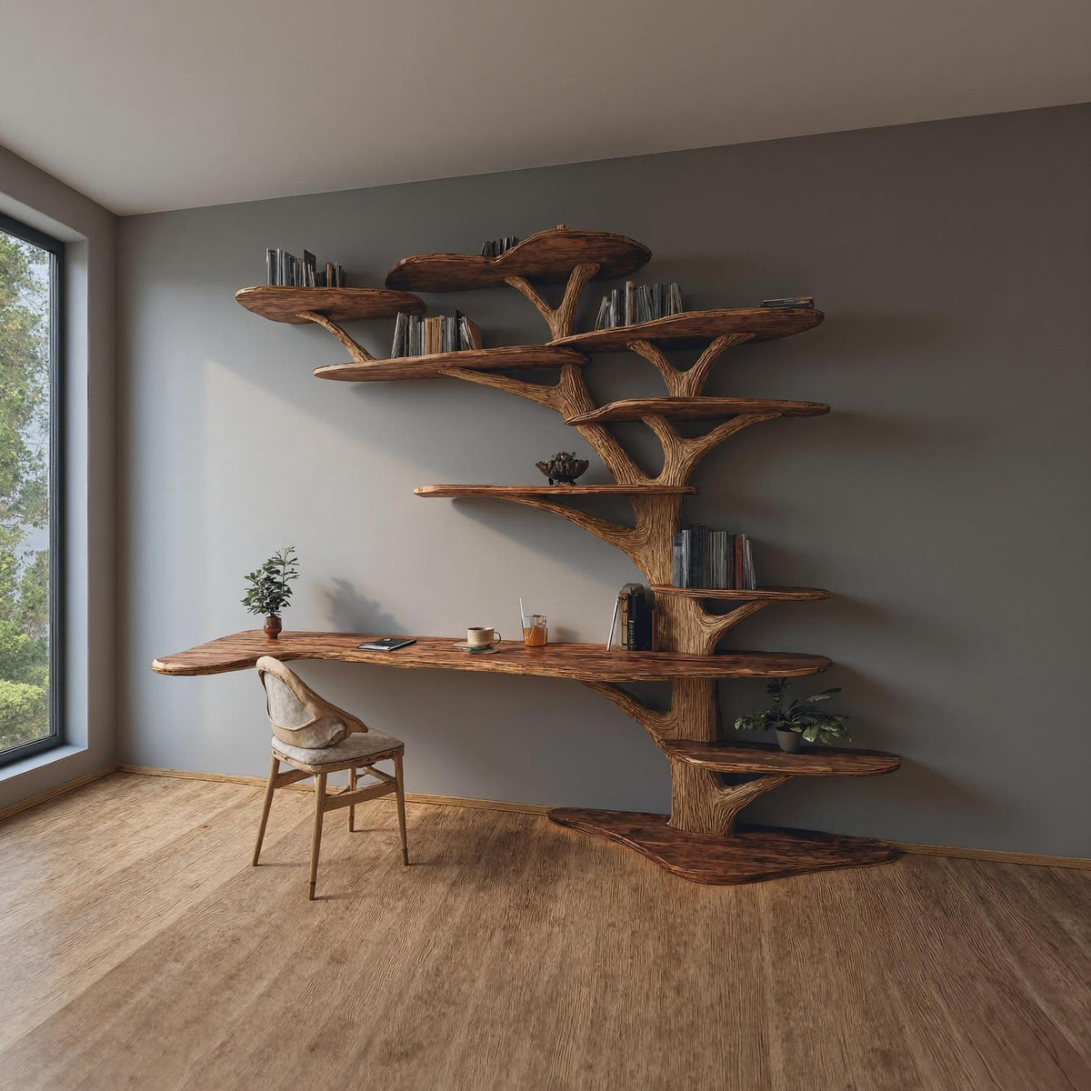 Rustic Tree Bookshelf Desk Home Office Or Study Room