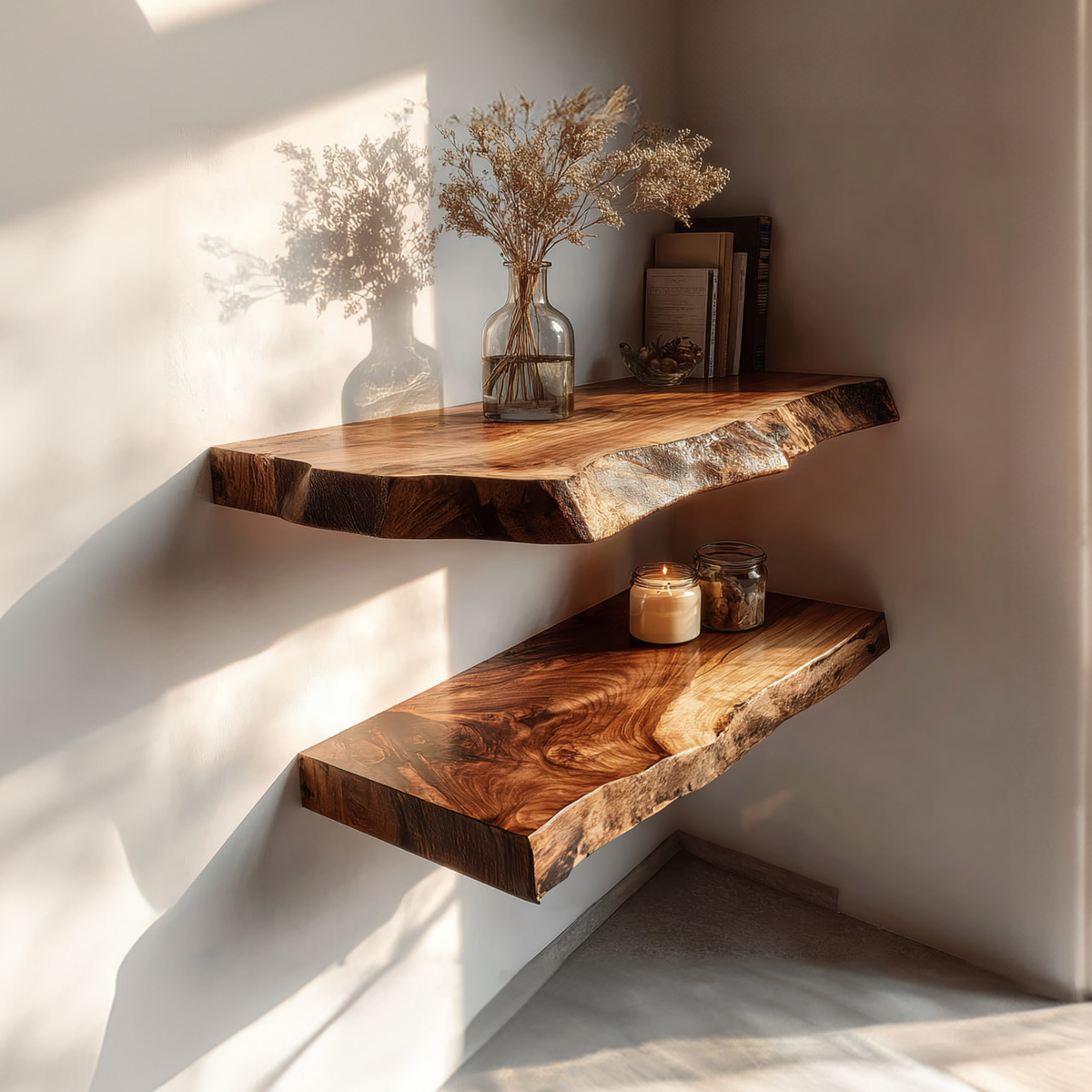 Rustic Solid Wood Floating Shelf, Wall Mounted Bookshelf & Decorative Display Storage Organizer for Study, Reading Room
