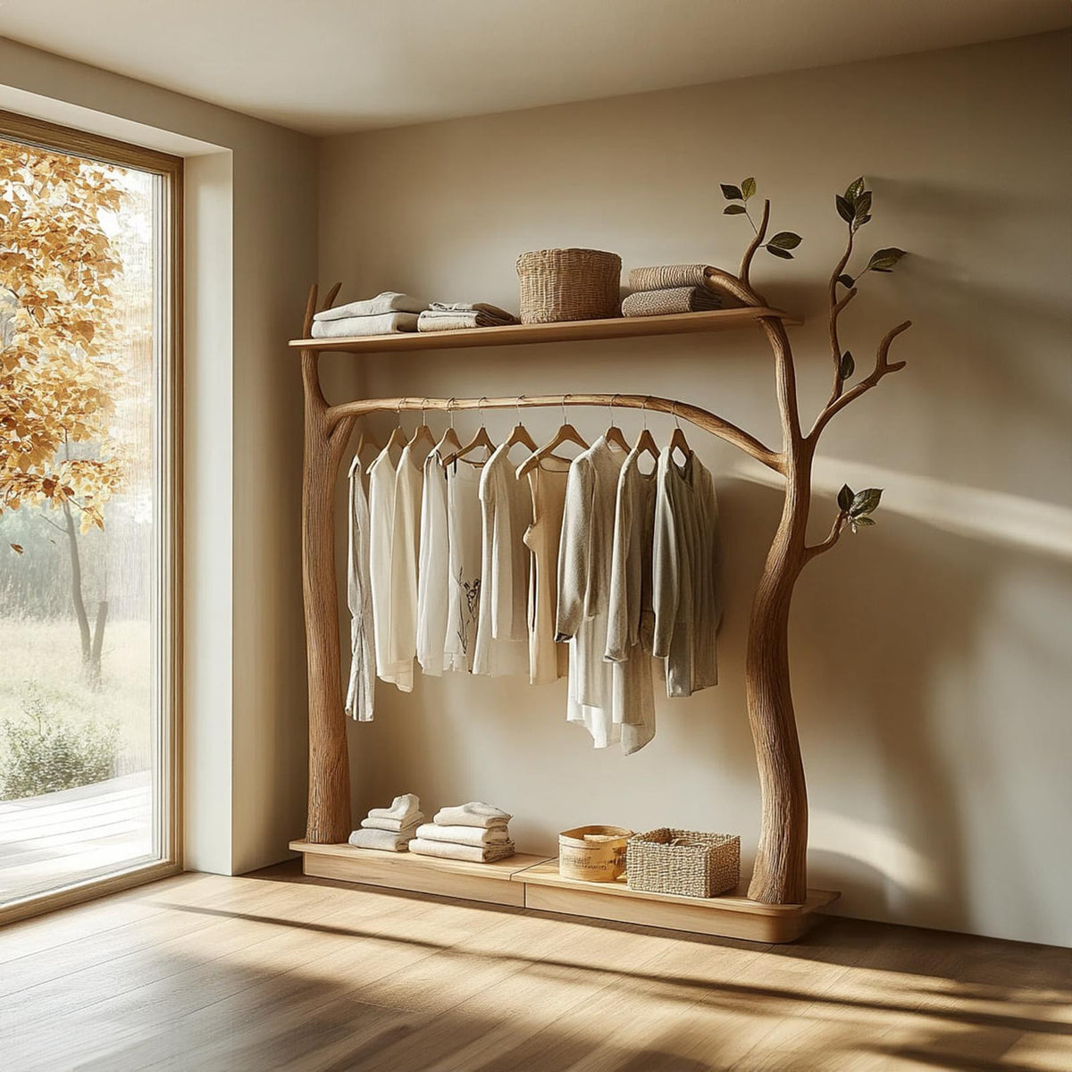 Rustic Tree Clothes Rack Solid Wood Bedroom Organizer