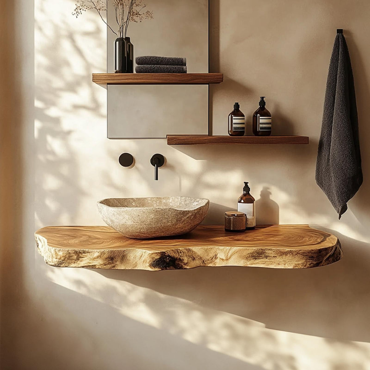 Spry Interior Floating Bathroom Vanity Shelf, Rustic Natural Solid Wood Single Washstand, Wall Mounted Farmhouse Bathroom Storage SINLKIBRV214