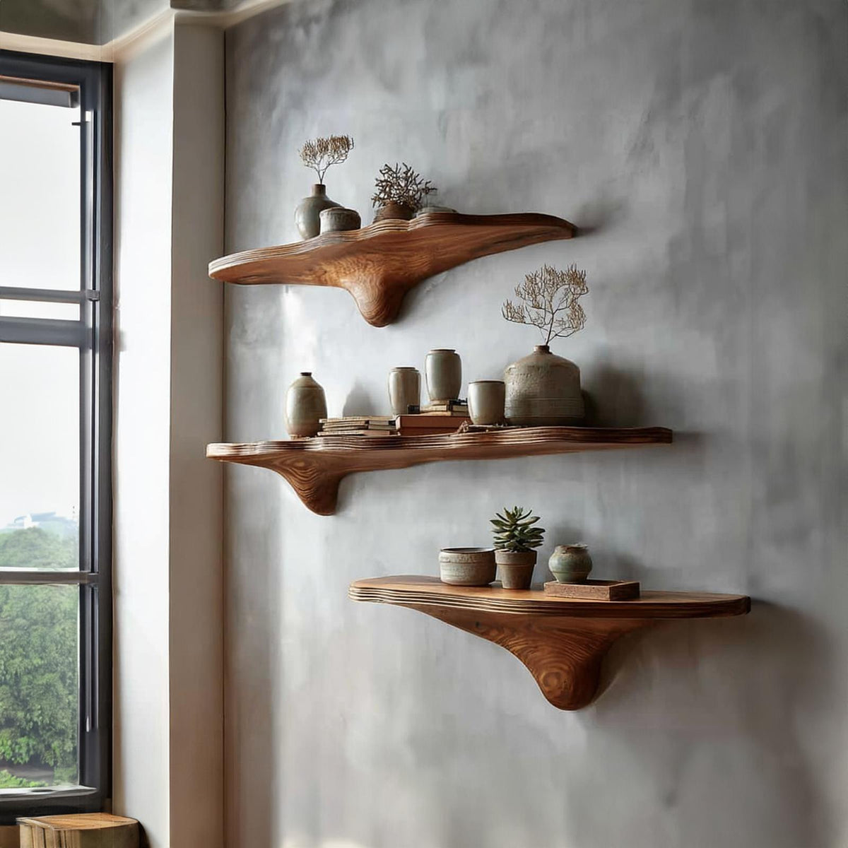 Rustic Mushroom Floating Shelves Bathroom