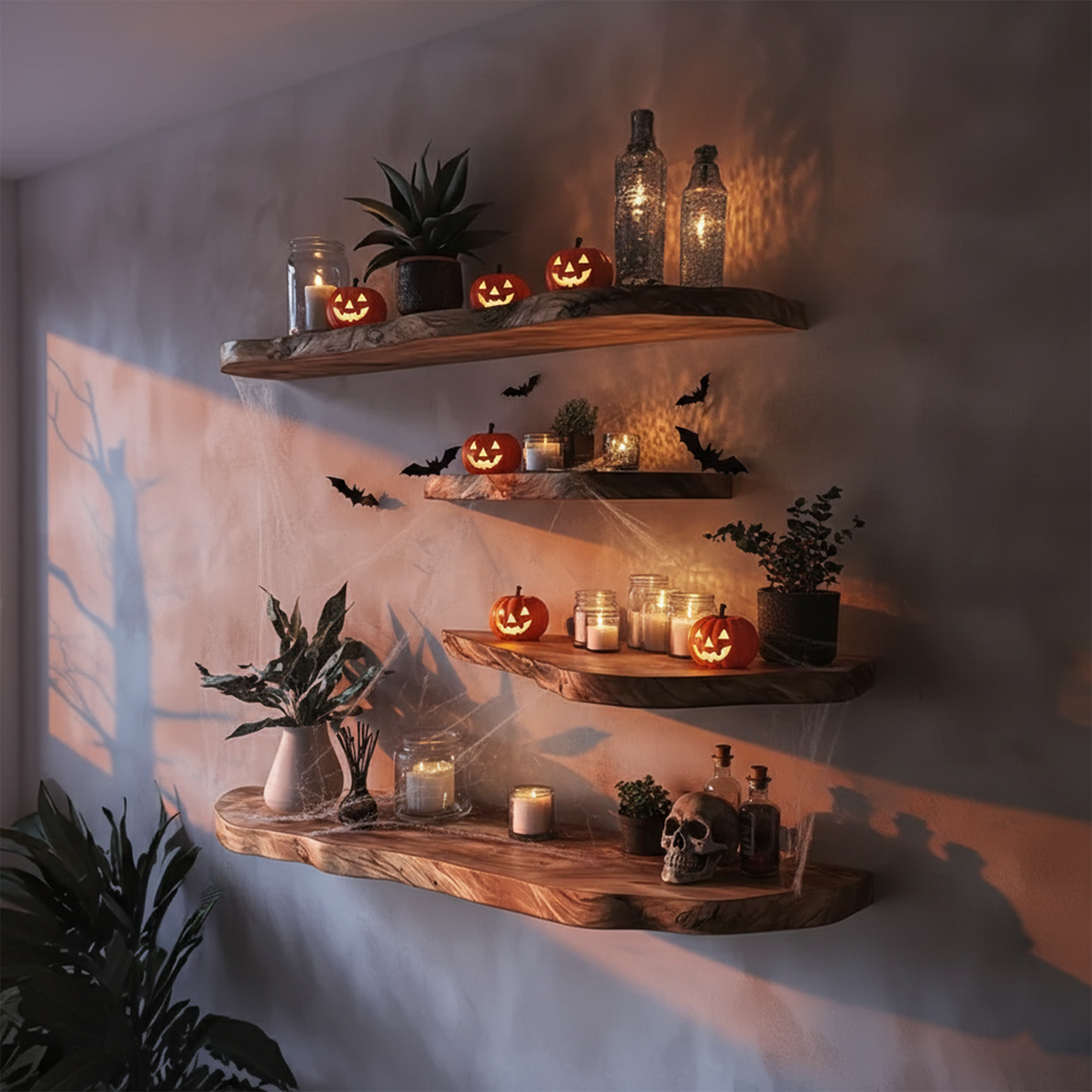 Rustic Handmade Floating Shelf, Tree Branch Wall Mounted Bookshelf, Spooky Gothic Halloween Living Room Decor