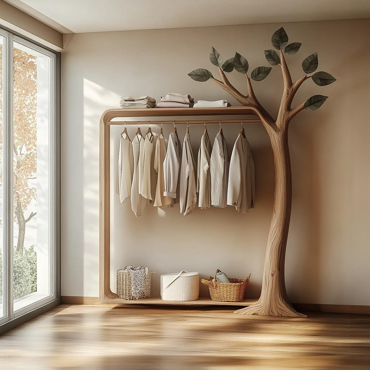 Rustic Tree Wardrobe Rack, Handcrafted Solid Wood Standing Clothes Garment Rack, Natural Branch Bedroom Organizer