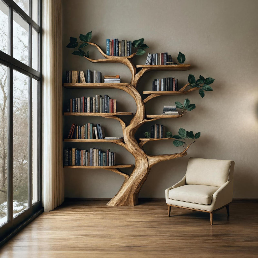 Rustic Branch Bookshelf, Solid Wood Wall Mounted Bookcase & Decorative Floating Organizer for Living Room or Dining Room