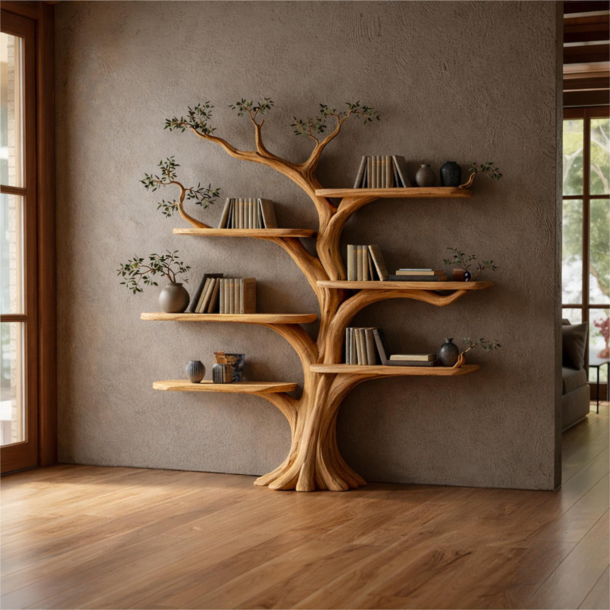 Rustic Tree Style Bookshelf, Handcrafted Solid Wood Floating Branch Wall Mounted Bookcase for Modern Home Decor