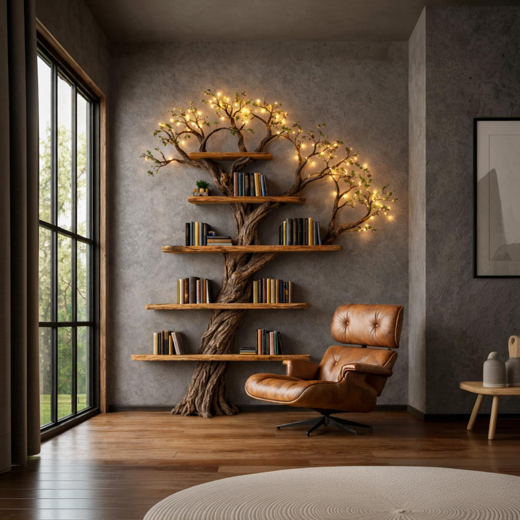 Sculptural Tree Bookshelf, Handcrafted Solid Wood Branch Wall Floating Bookcase Art Furniture for Living Room