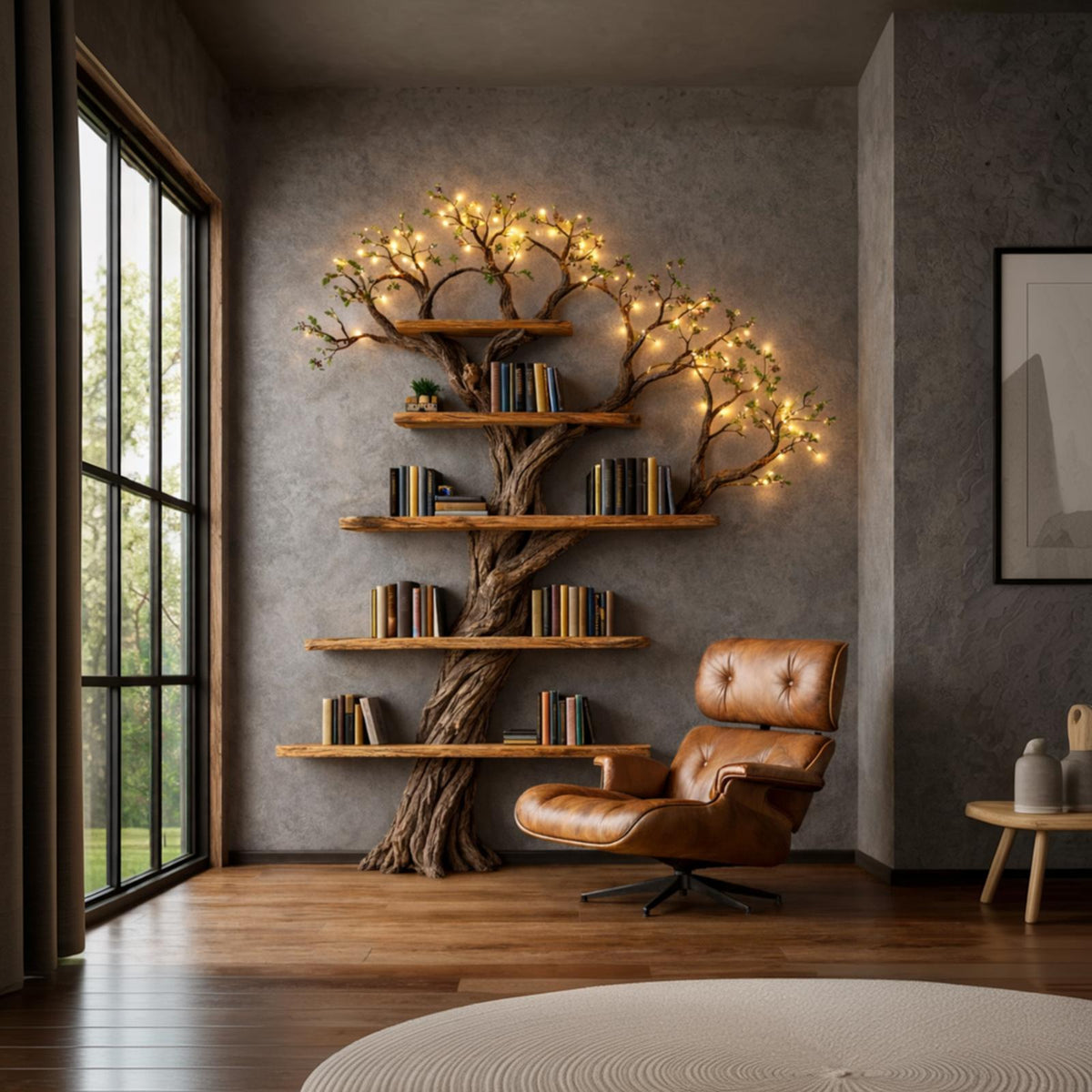 Sculptural Tree Bookshelf, Handcrafted Solid Wood Branch Wall Floating Bookcase Art Furniture for Living Room