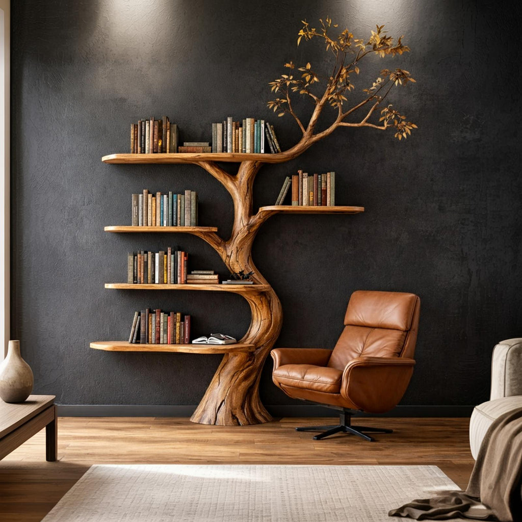 Rustic Solid Wood Tree Bookshelf, Handcrafted Sculptural Wall Mounted Branch Bookcase for Living Room