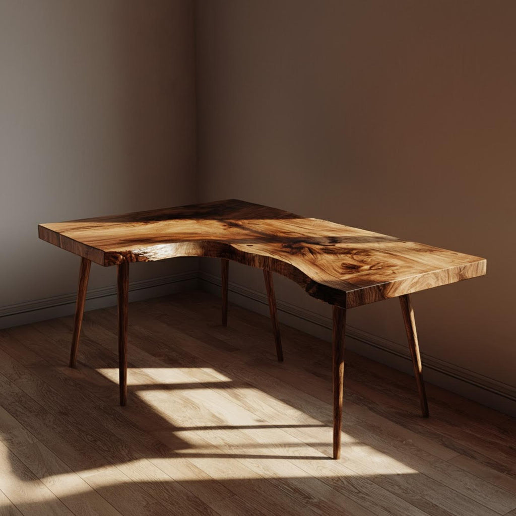 Rustic Organic Corner Office Desk, L-Shaped Solid Wood Writing Computer Table for Creative Studio, Reading Room