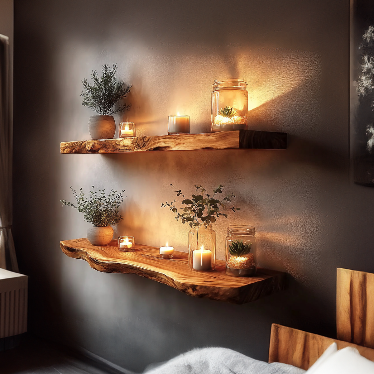Rustic Solid Wood Floating Shelf, Warm Natural Wall Mounted Display Ledge for Decorative Accents, Living Room, Office