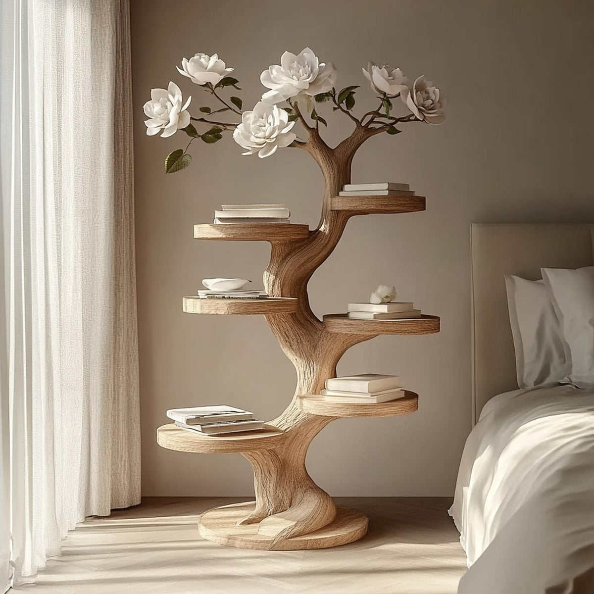 Rustic Tree Branch Nightstand, Artistic Handcrafted Wood Bedside Table & Accent End Table for Bedroom, Living Room