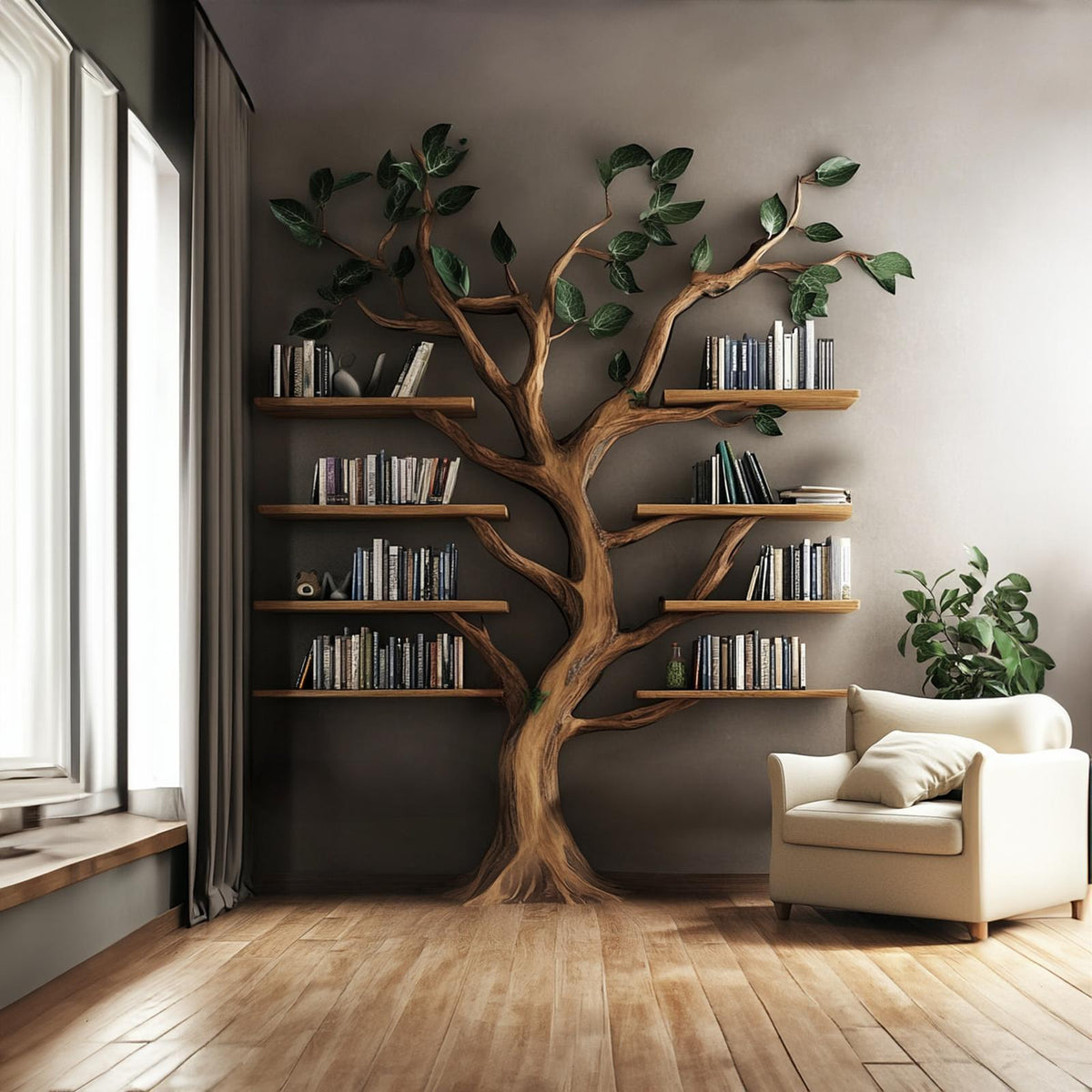 Rustic Tree Shaped Bookshelf, Handcrafted Solid Wood Wall Mounted Bookcase & Floating Display Shelf for Living Room Decor