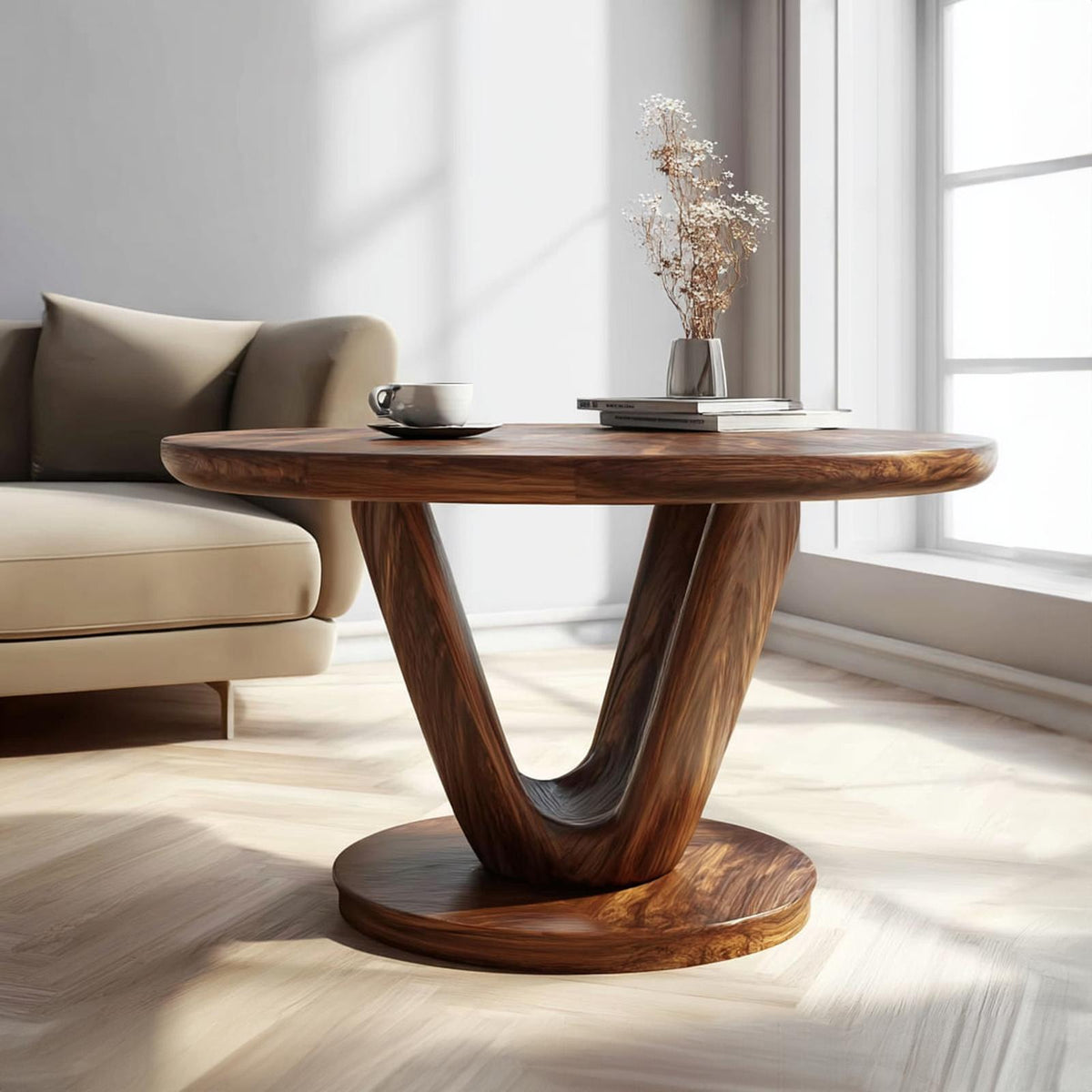 Modern Sculptural V Base Coffee Table, Unique Solid Wood Geometric Art Centerpiece Table for Living Room, Lounge
