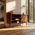 Spry Interior Mid Century Modern Wooden Display Cabinet, Glass Door Bookcase Storage Credenza for Living Room, Model SINLKISC252