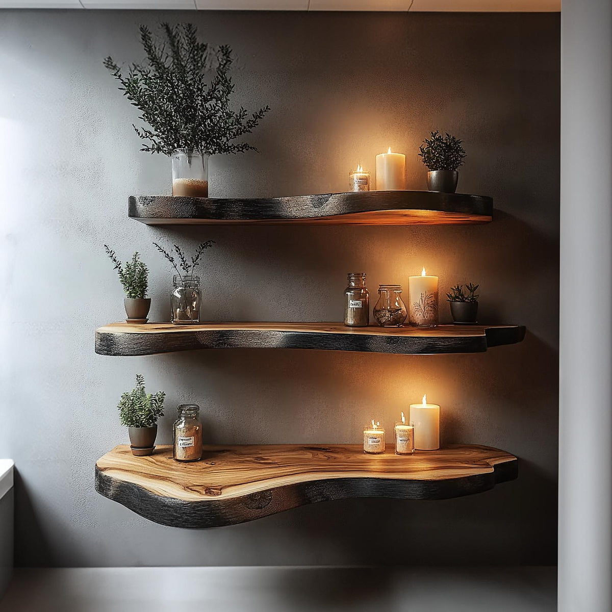 Rustic Floating Wood Shelf, Boho Chic Wall Mounted Hanging Storage Display Ledge for Plants & Books, Living Room, Bedroom