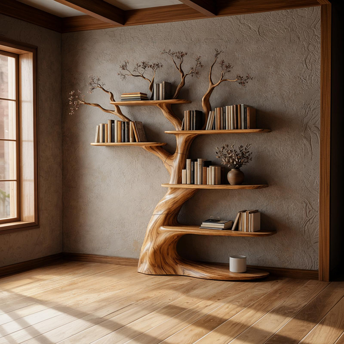 Artisan Tree Inspired Wood Bookshelf, Handcrafted Floating Branch Wall Mounted Bookcase Storage for Home Office
