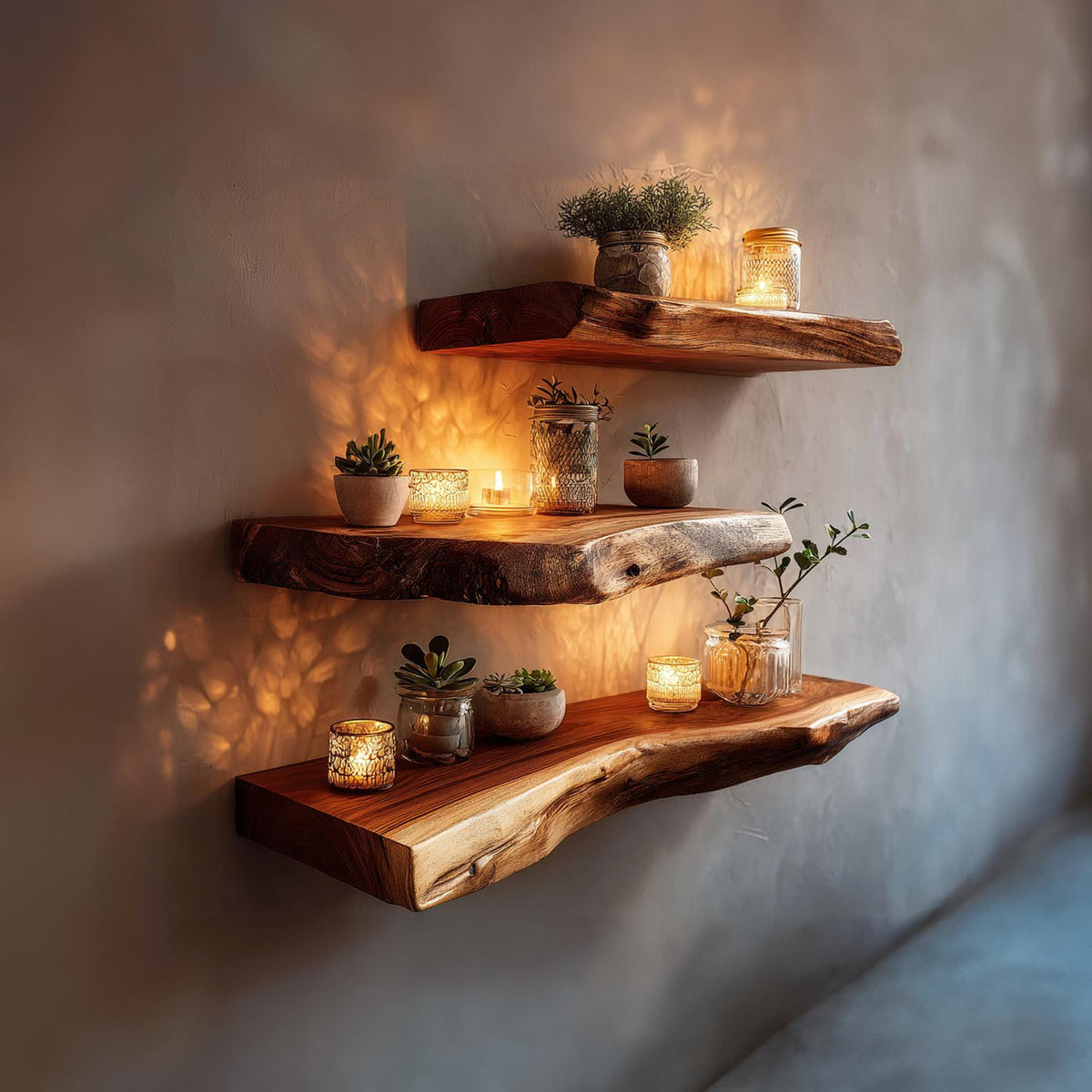 Rustic Live Edge Floating Wood Shelf, Decorative Wall Mounted Hanging Storage Organizer Ledge for Living Room Art, Plants