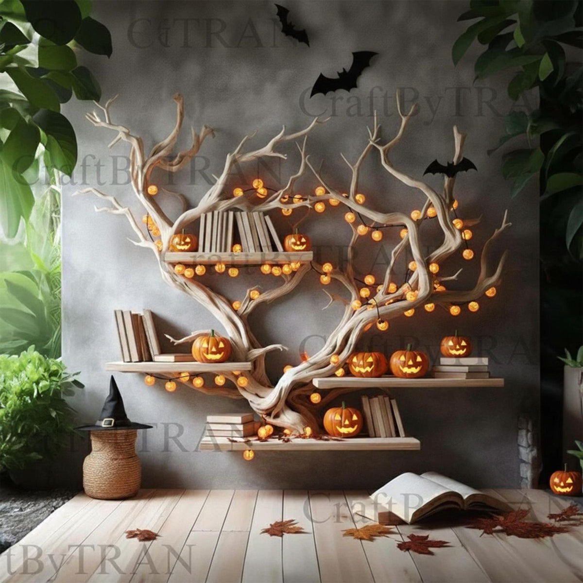 Rustic Tree Branch Bookshelf, Wall-Mounted Wooden Floating Shelf, Spooky Halloween & Gothic Wall Display