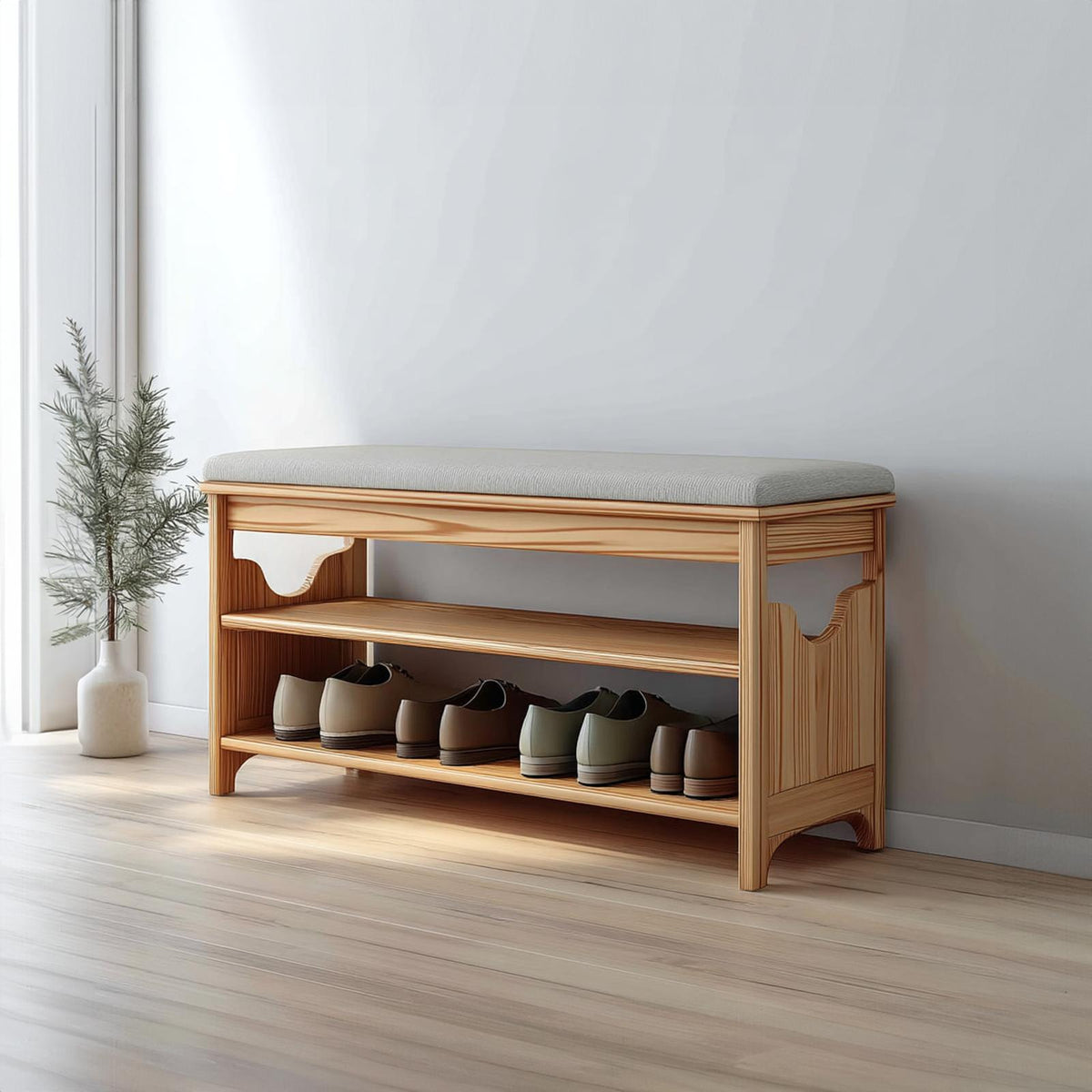 Midcentury Farmhouse Bench Shoe Rack Entryway