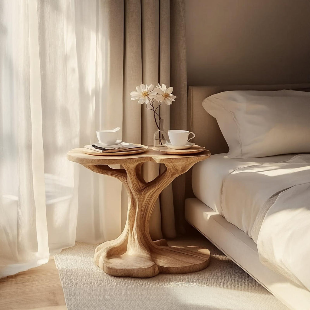Natural Organic Shape Rustic Wood Side Table, Handcrafted Bedside Nightstand & End Table Accent for Living Room