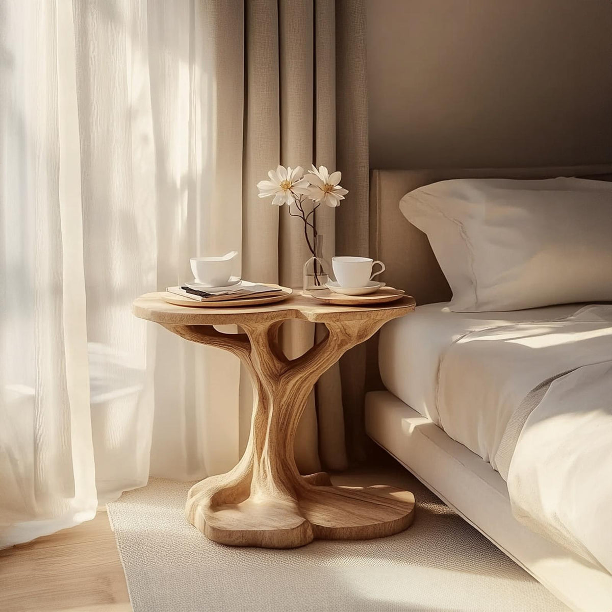 Natural Organic Shape Rustic Wood Side Table, Handcrafted Bedside Nightstand & End Table Accent for Living Room