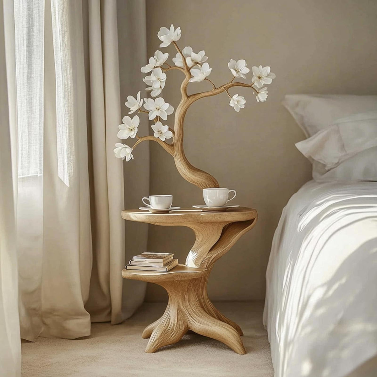 Handcrafted Rustic Flower Shaped Bedside Table, Solid Wood Nightstand & Decorative Accent End Table for Entryway