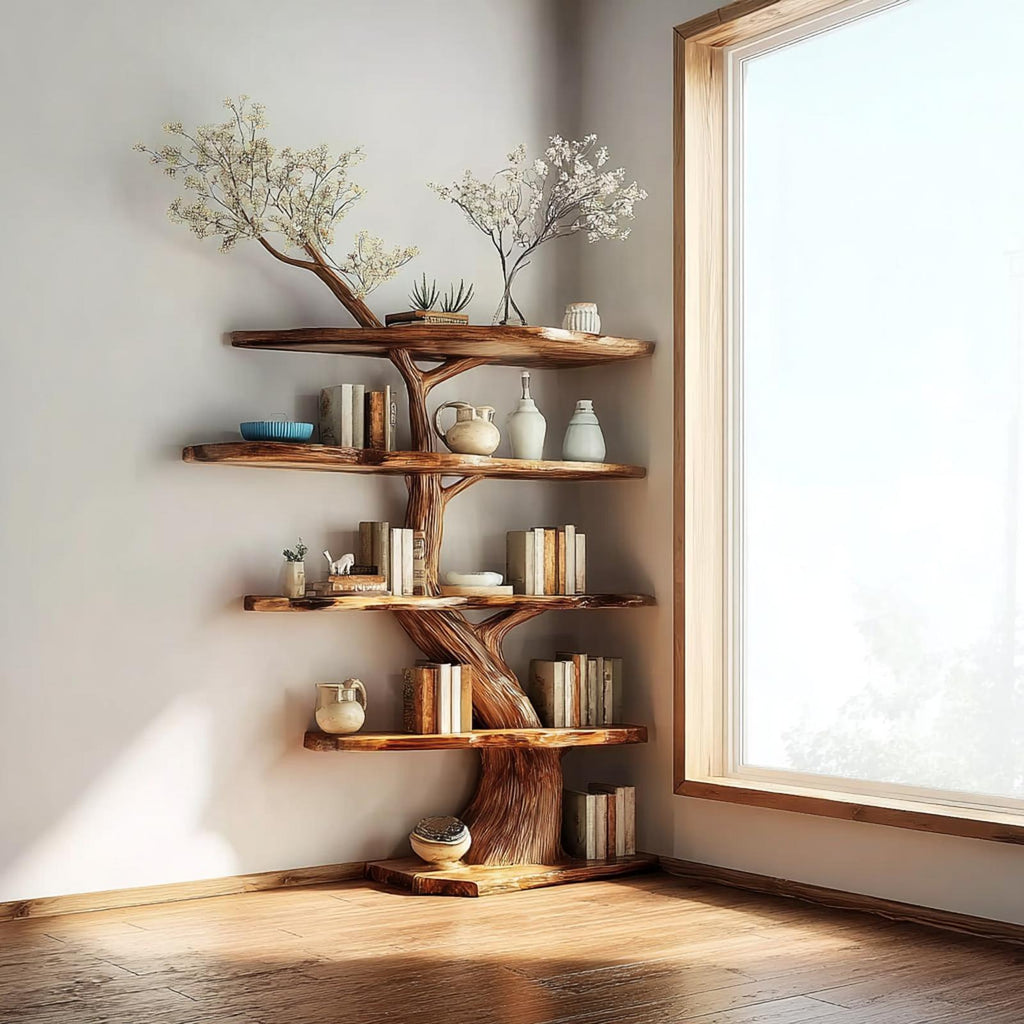 Rustic Corner Display Shelf, Wooden Branch Floating Wall Organizer & Artistic Storage Unit for Living Room, Bedroom