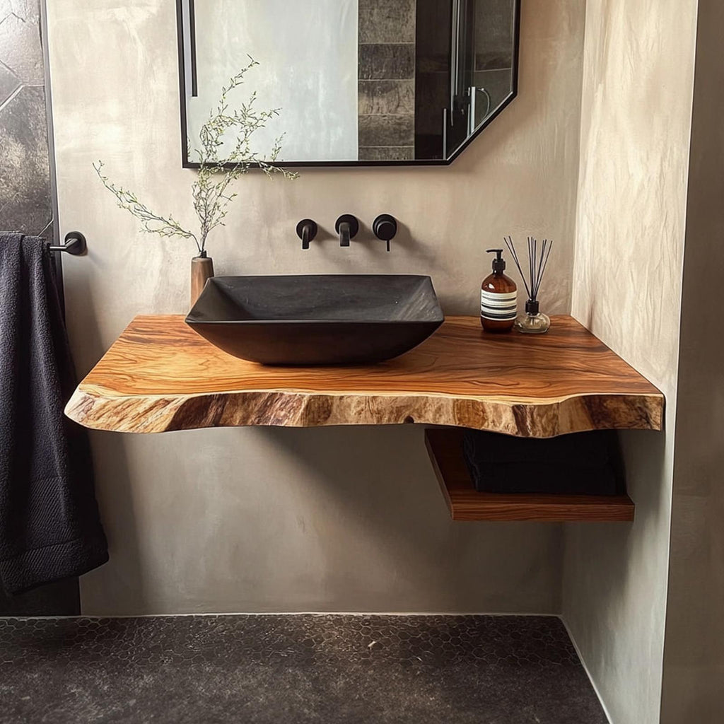 Spry Interior Mid Century Floating Bathroom Vanity Shelf, Handcrafted Solid Wood Washstand, Wall Mounted Modern Bathroom Console SINLKIBRV217