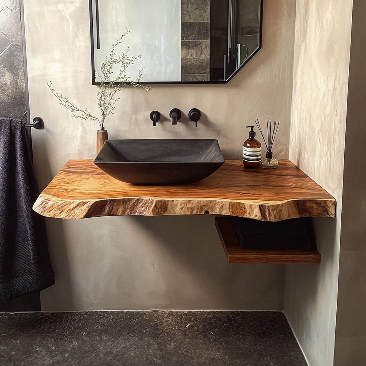 Spry Interior Mid Century Floating Bathroom Vanity Shelf, Handcrafted Solid Wood Washstand, Wall Mounted Modern Bathroom Console SINLKIBRV217